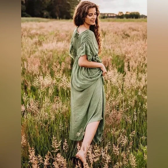 Bohemian Green Long Gauze Boho Shell Button Flutter Maxi Dress, Beach Dress - Picture 4 of 5